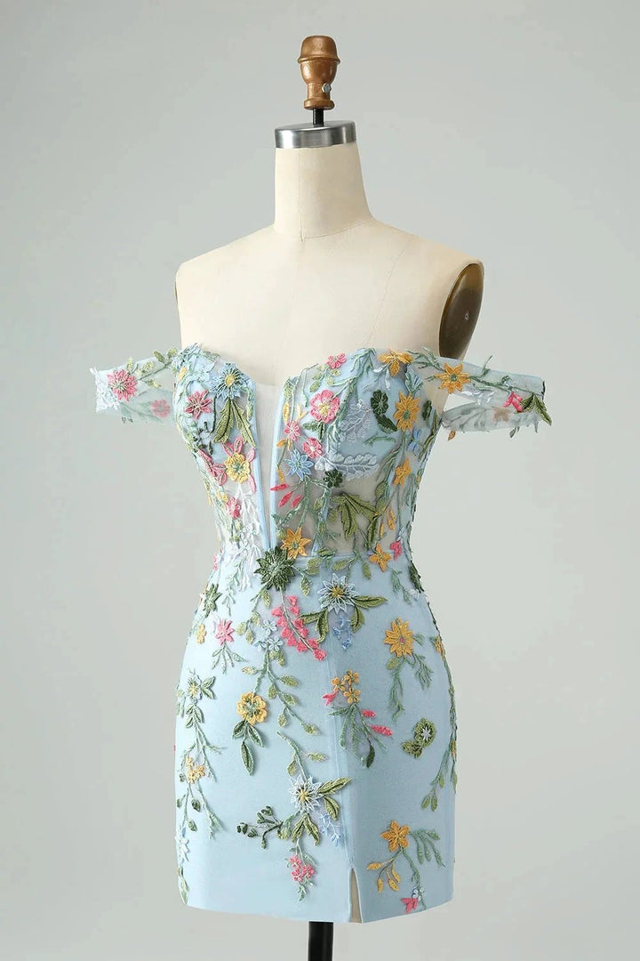 Blue Flower Mermaid Off The Shoulder Corset Short Homecoming Dress with Embroidery by WEDTREND