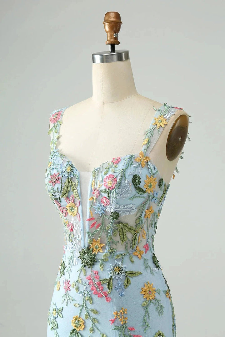 Blue Flower Mermaid Off The Shoulder Corset Short Homecoming Dress with Embroidery by WEDTREND
