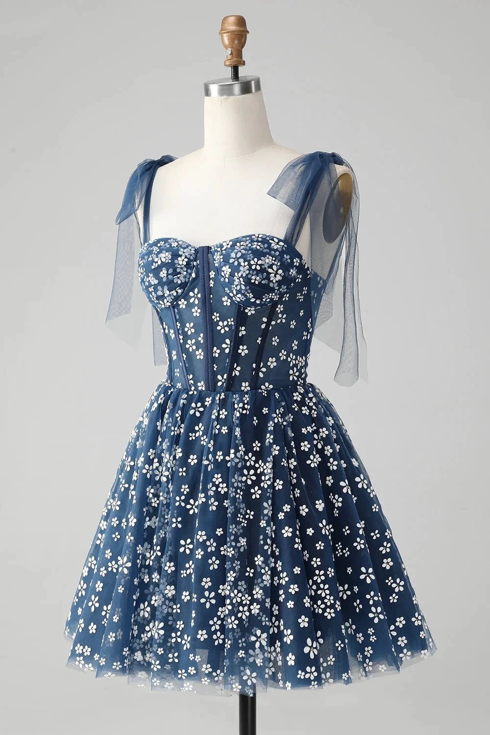 Cute A Line Spaghetti Straps Print Corset Navy Short Homecoming Dress by WEDTREND