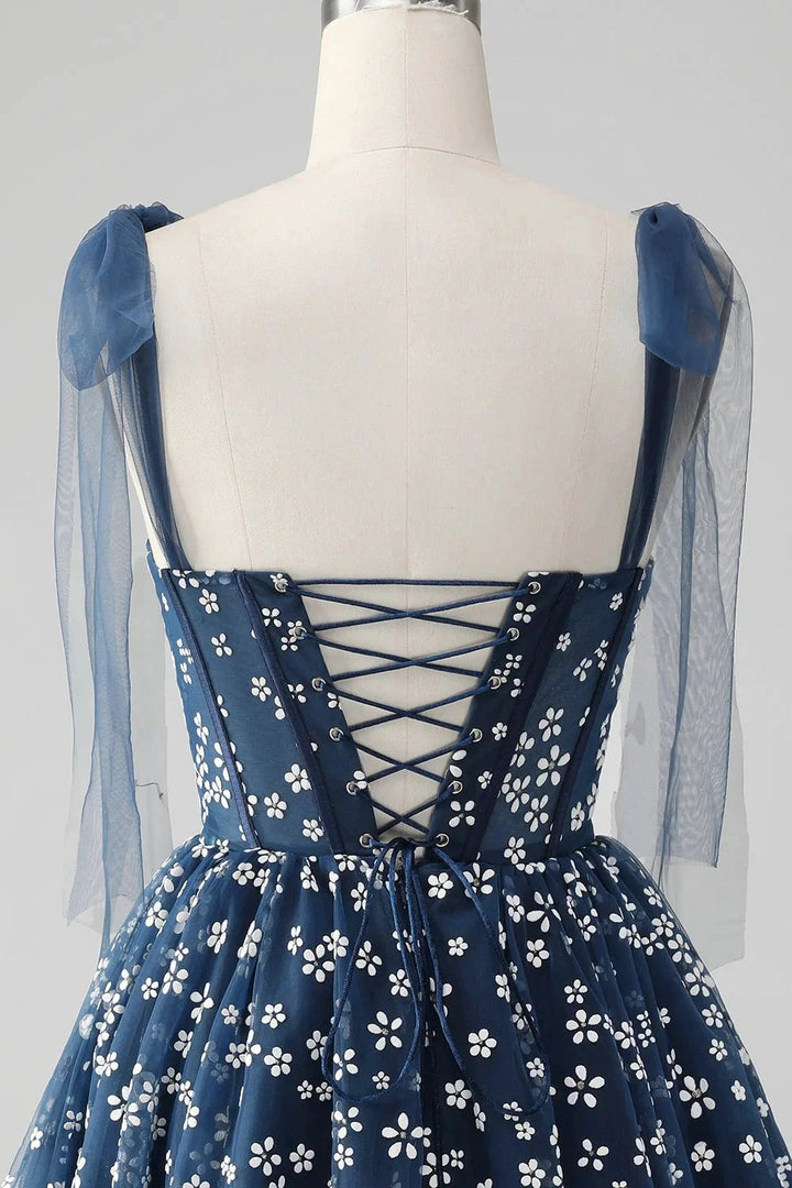 Cute A Line Spaghetti Straps Print Corset Navy Short Homecoming Dress by WEDTREND