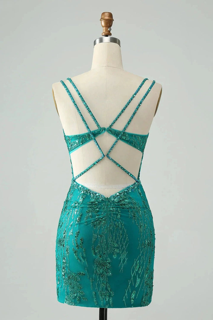 Classy Dark Green Bodycon Spaghetti Straps Corset Sequin Short Homecoming Dress by WEDTREND