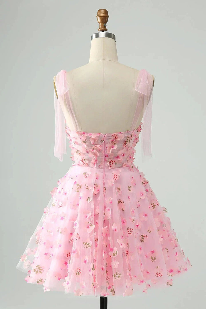 Cute Pink A Line Pearls Corset Short Homecoming Dress with Appliques Flower by WEDTREND