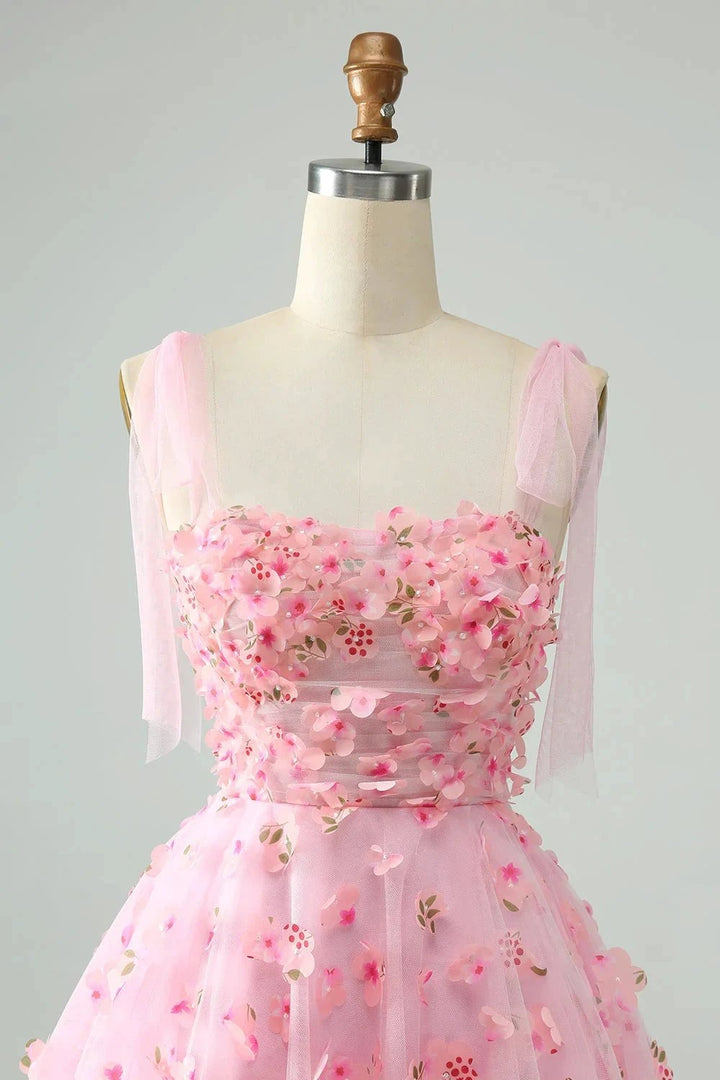 Cute Pink A Line Pearls Corset Short Homecoming Dress with Appliques Flower by WEDTREND