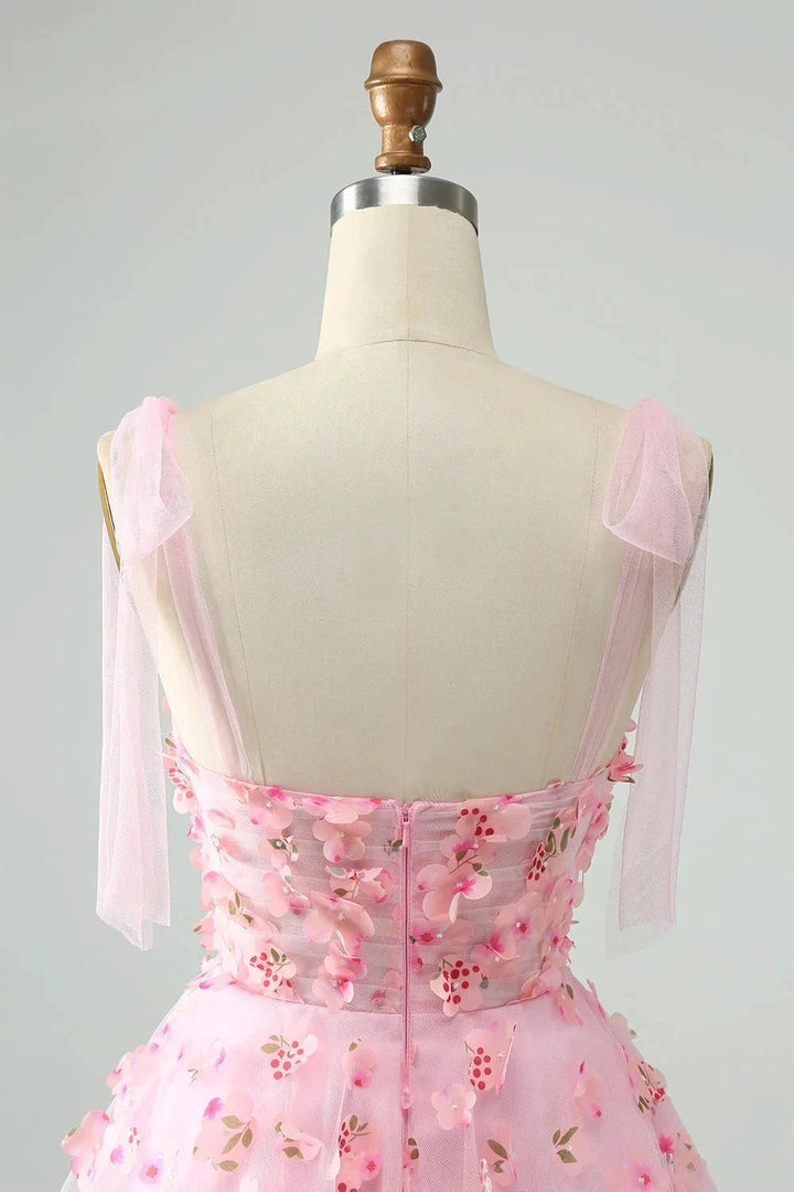Cute Pink A Line Pearls Corset Short Homecoming Dress with Appliques Flower by WEDTREND