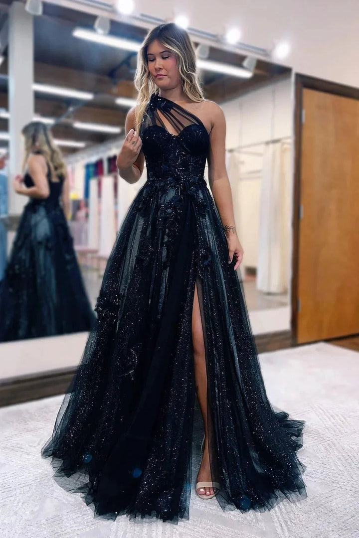 A Line One Shoulder Black Long Prom Dress with Appliques by KissProm