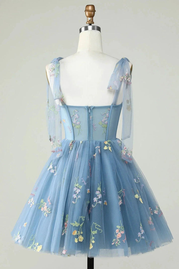 Cute Grey Blue A Line Spaghetti Straps Short Homecoming Dress with Appliques by WEDTREND