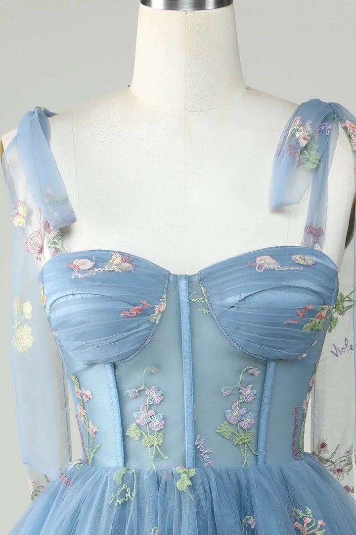 Cute Grey Blue A Line Spaghetti Straps Short Homecoming Dress with Appliques by WEDTREND