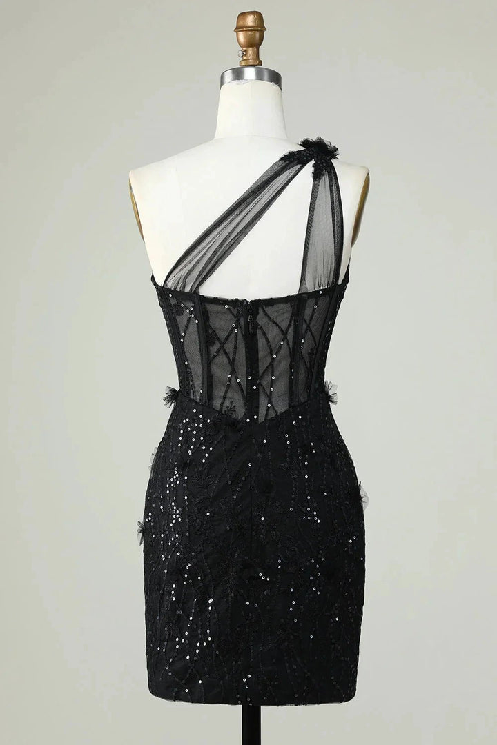 Black Bodycon One Shoulder Corset Short Homecoming Dress with Appliques by WEDTREND