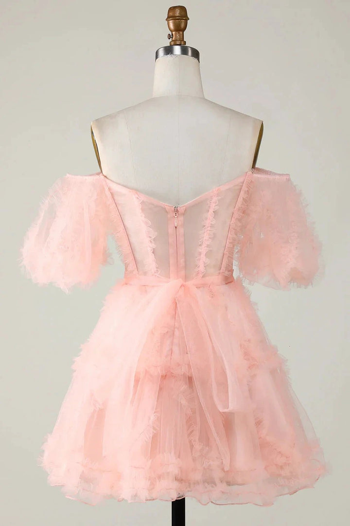 Cute Blush A line Tulle Off The Shoulder Short Homecoming Dress by WEDTREND