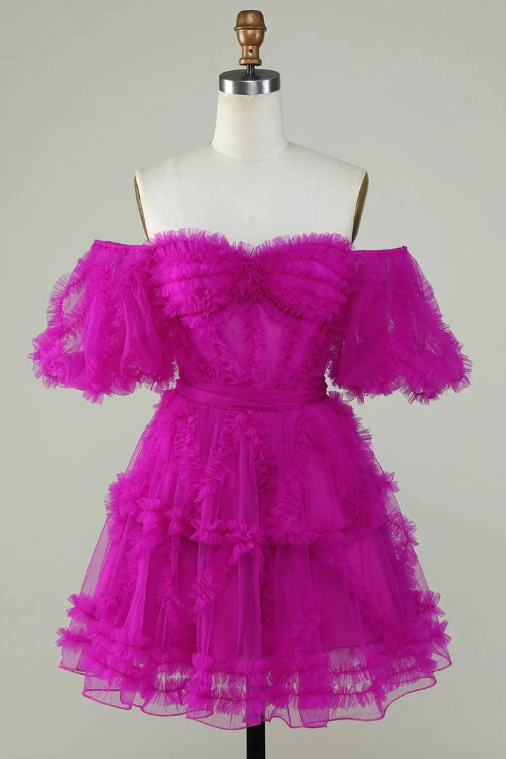 Cute Blush A line Tulle Off The Shoulder Short Homecoming Dress by WEDTREND