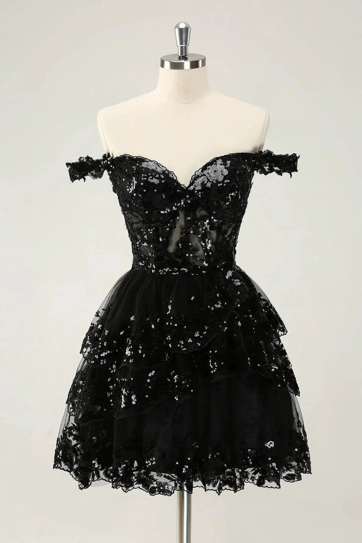 Sparkly Dark Blue A Line Off The Shoulder Corset Tiered Short Homecoming Dress with Sequins by WEDTREND