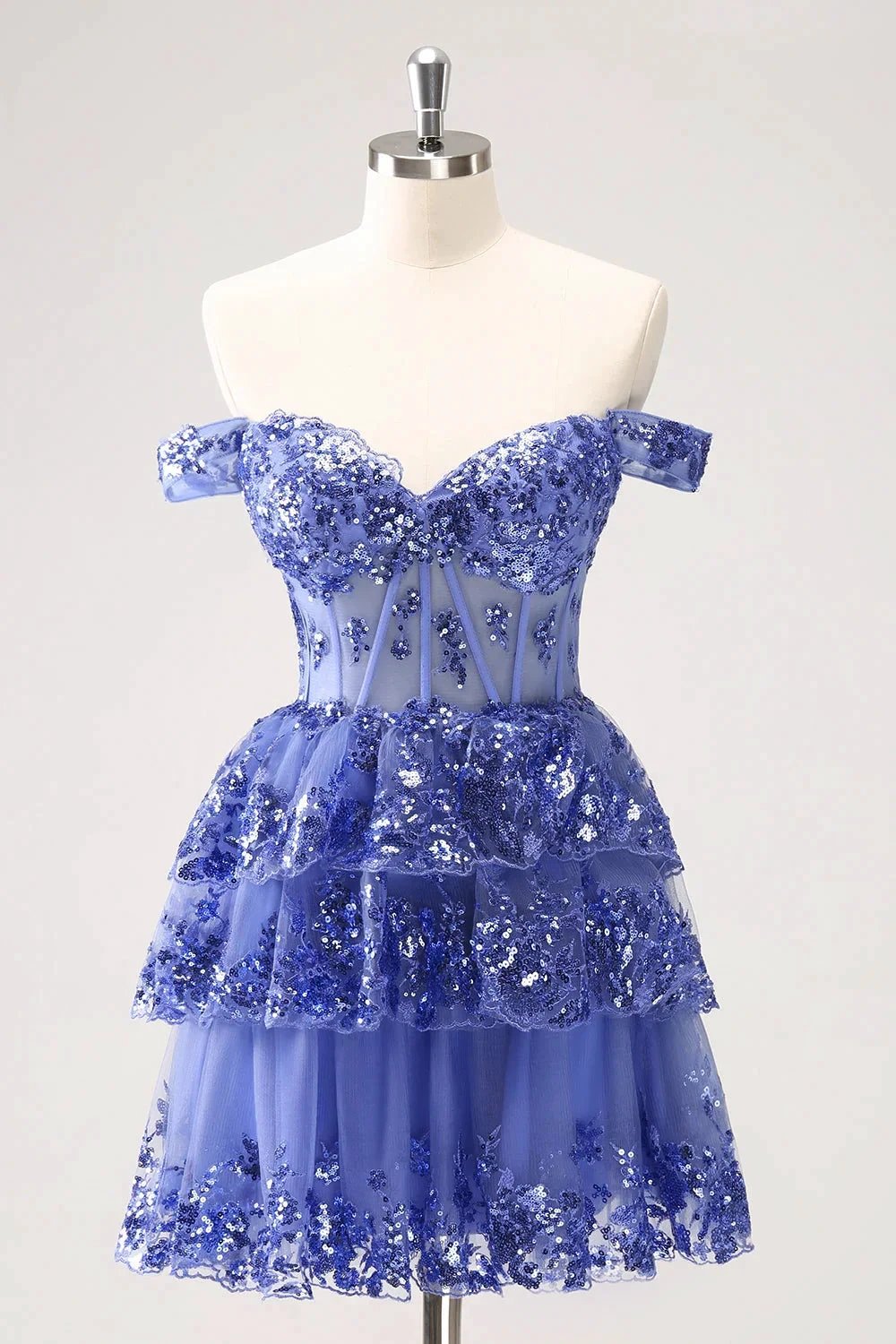 Sparkly Dark Blue A Line Off The Shoulder Corset Tiered Short Homecoming Dress with Sequins by WEDTREND