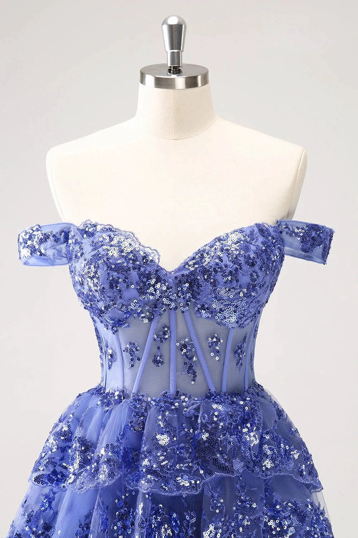 Sparkly Dark Blue A Line Off The Shoulder Corset Tiered Short Homecoming Dress with Sequins by WEDTREND