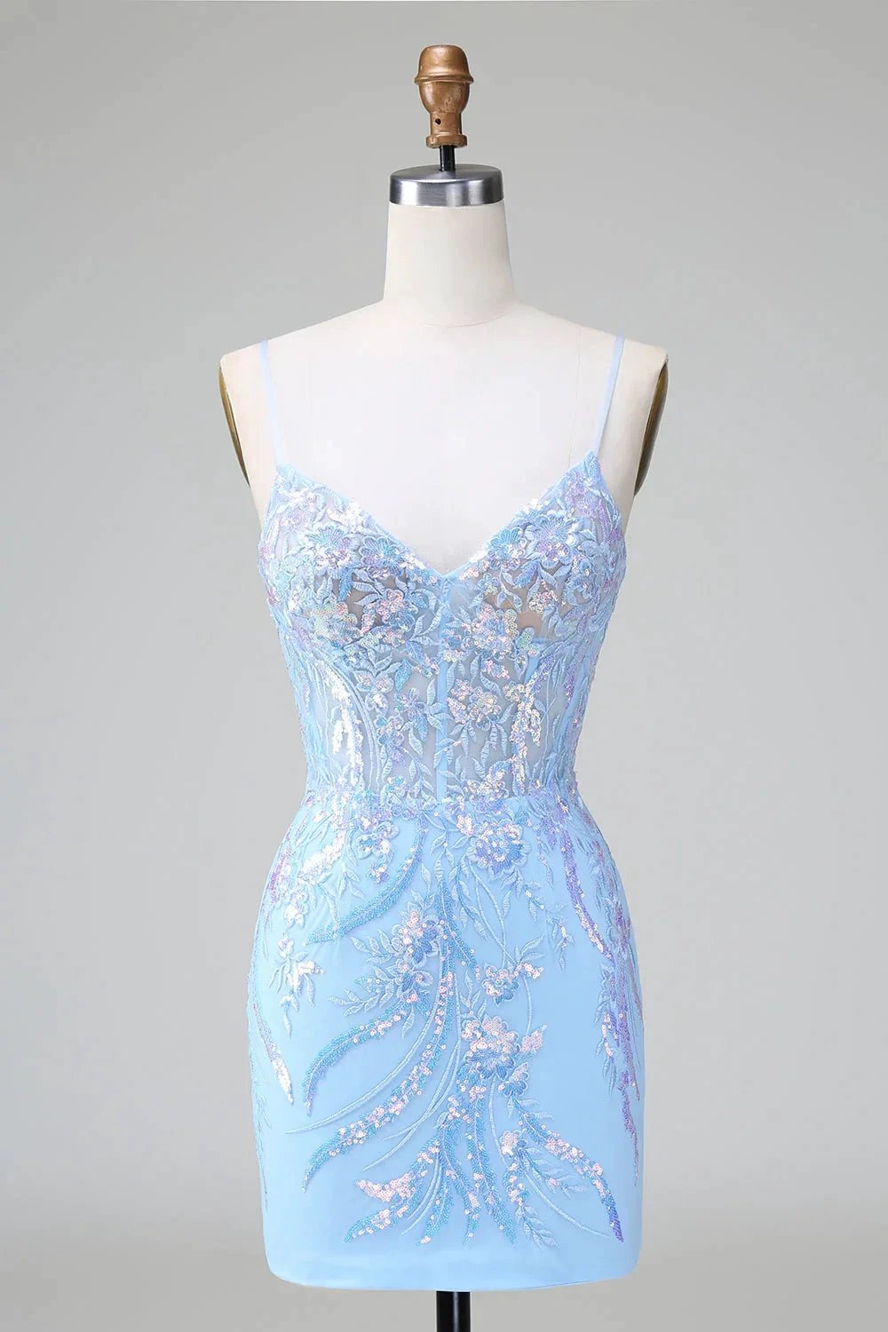 Sparkly Blue Spaghetti Straps Corset Short Homecoming Dress with Sequins by WEDTREND