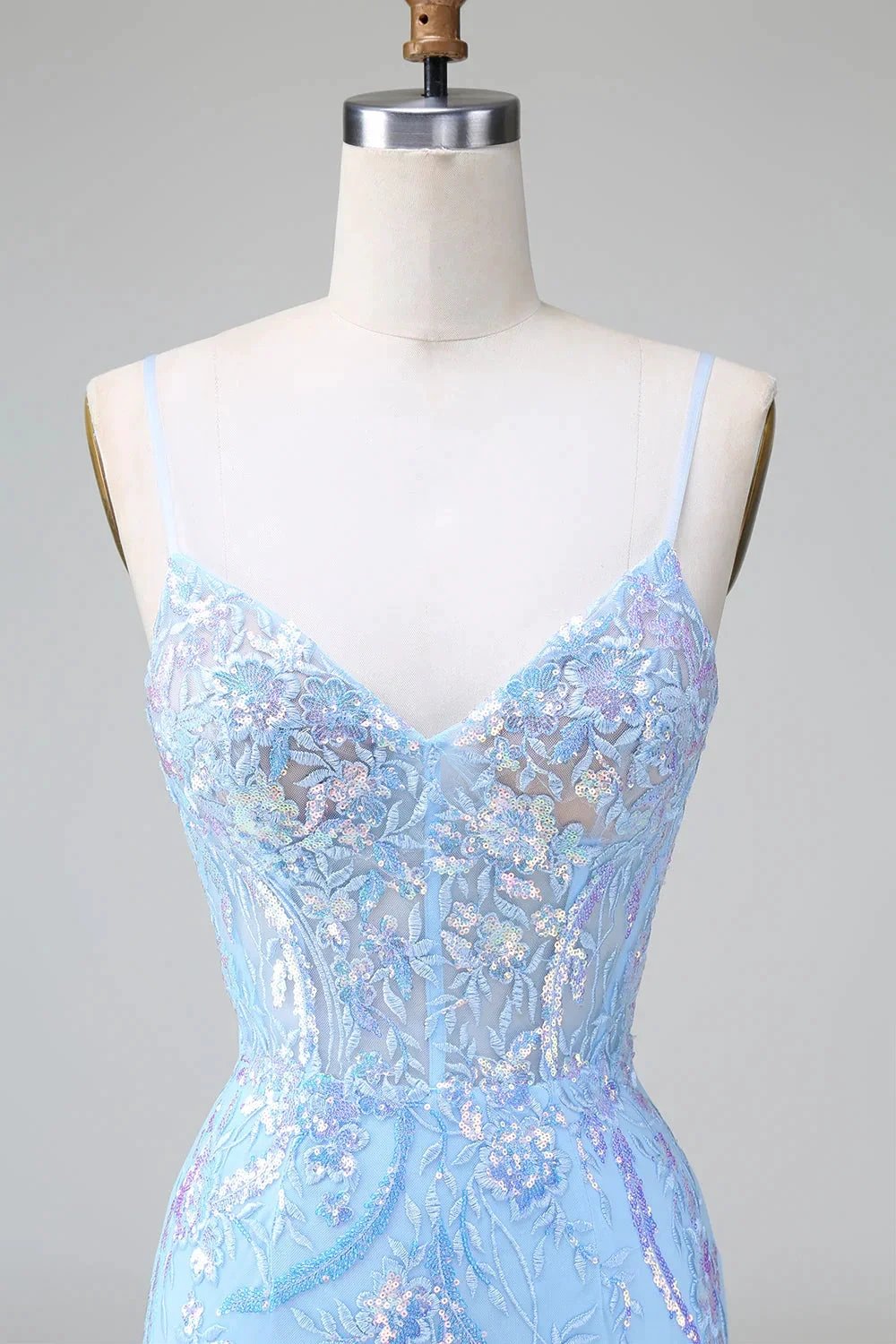 Sparkly Blue Spaghetti Straps Corset Short Homecoming Dress with Sequins by WEDTREND