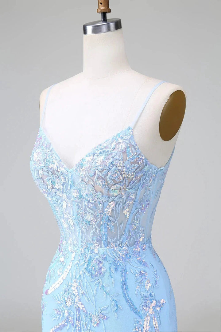 Sparkly Blue Spaghetti Straps Corset Short Homecoming Dress with Sequins by WEDTREND