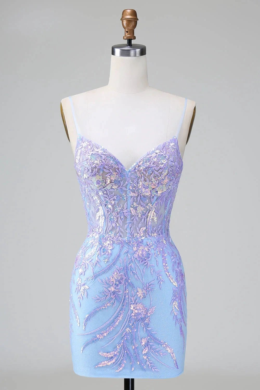 Sparkly Blue Spaghetti Straps Corset Short Homecoming Dress with Sequins by WEDTREND