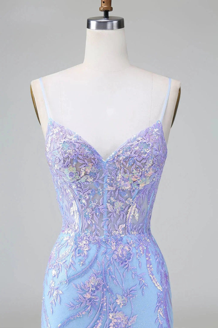 Sparkly Blue Spaghetti Straps Corset Short Homecoming Dress with Sequins by WEDTREND