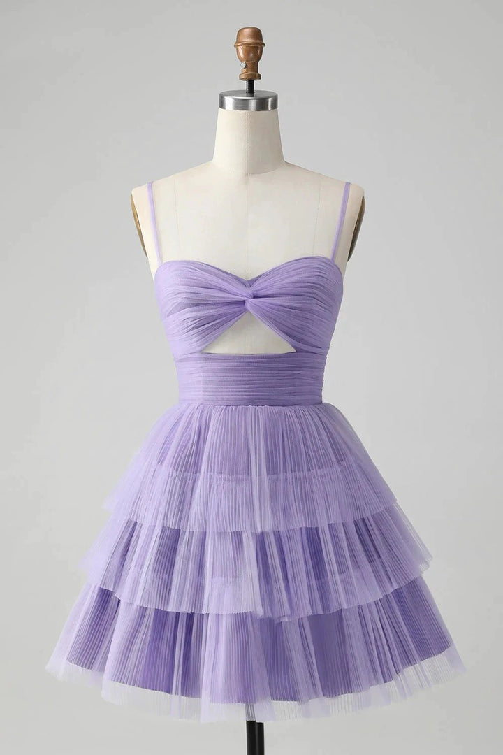 Cute Purple A Line Spaghetti Straps Short Tiered Homecoming Dress with Hollow Out by WEDTREND