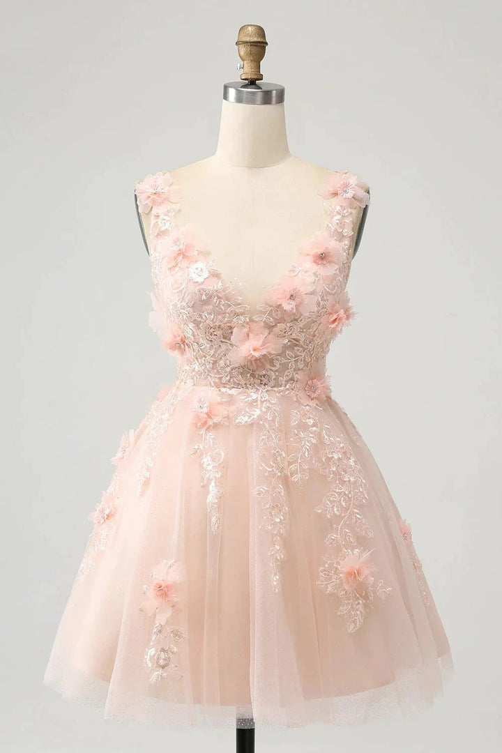Cute Blush A Line V Neck Sequin Corset Short Homecoming Dress with Appliques by WEDTREND