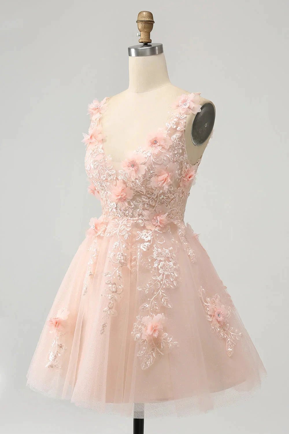 Cute Blush A Line V Neck Sequin Corset Short Homecoming Dress with Appliques by WEDTREND