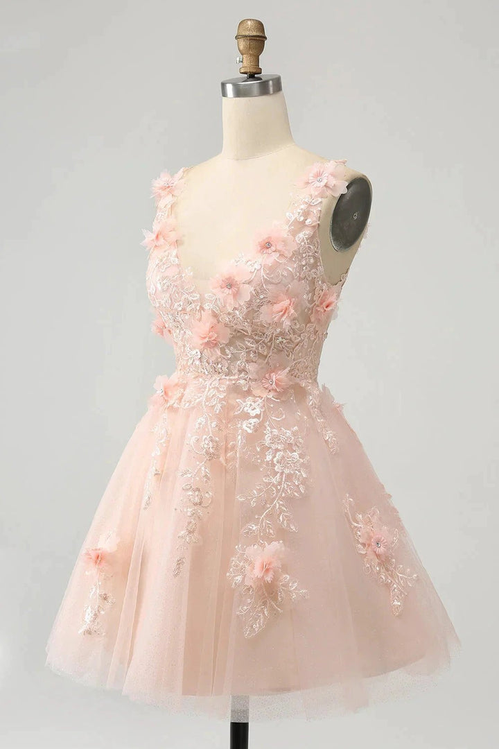 Cute Blush A Line V Neck Sequin Corset Short Homecoming Dress with Appliques by WEDTREND