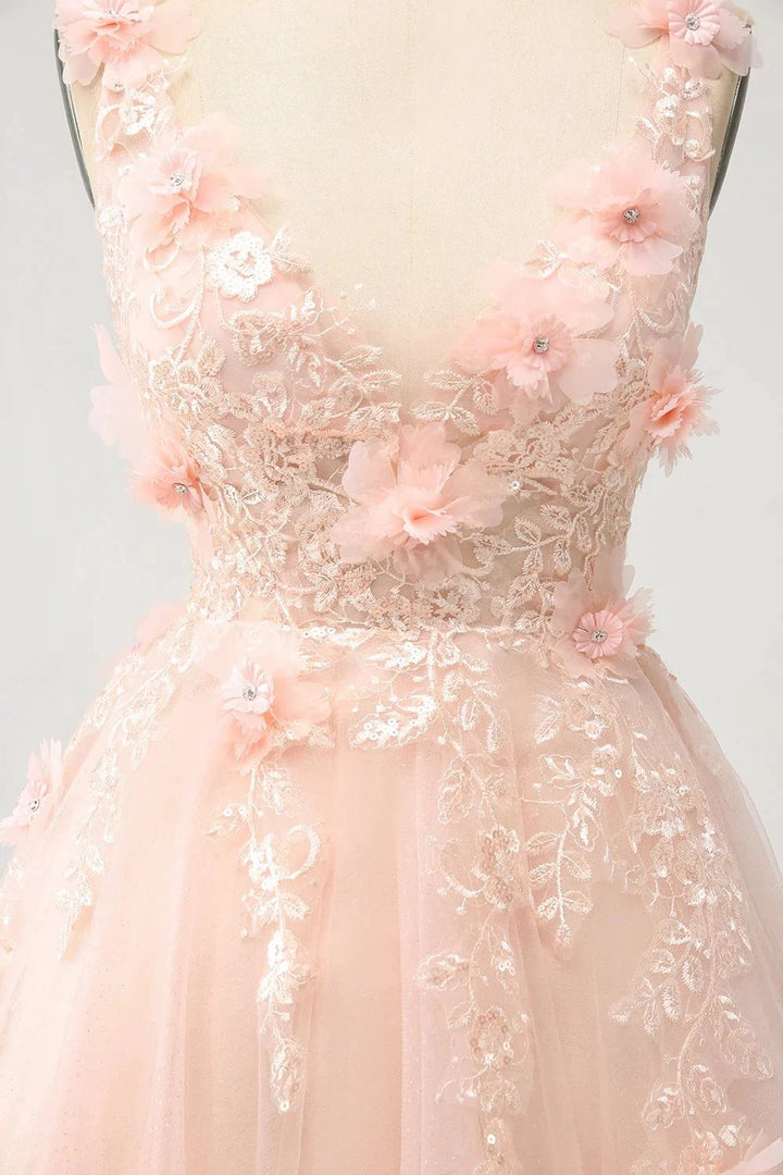 Cute Blush A Line V Neck Sequin Corset Short Homecoming Dress with Appliques by WEDTREND