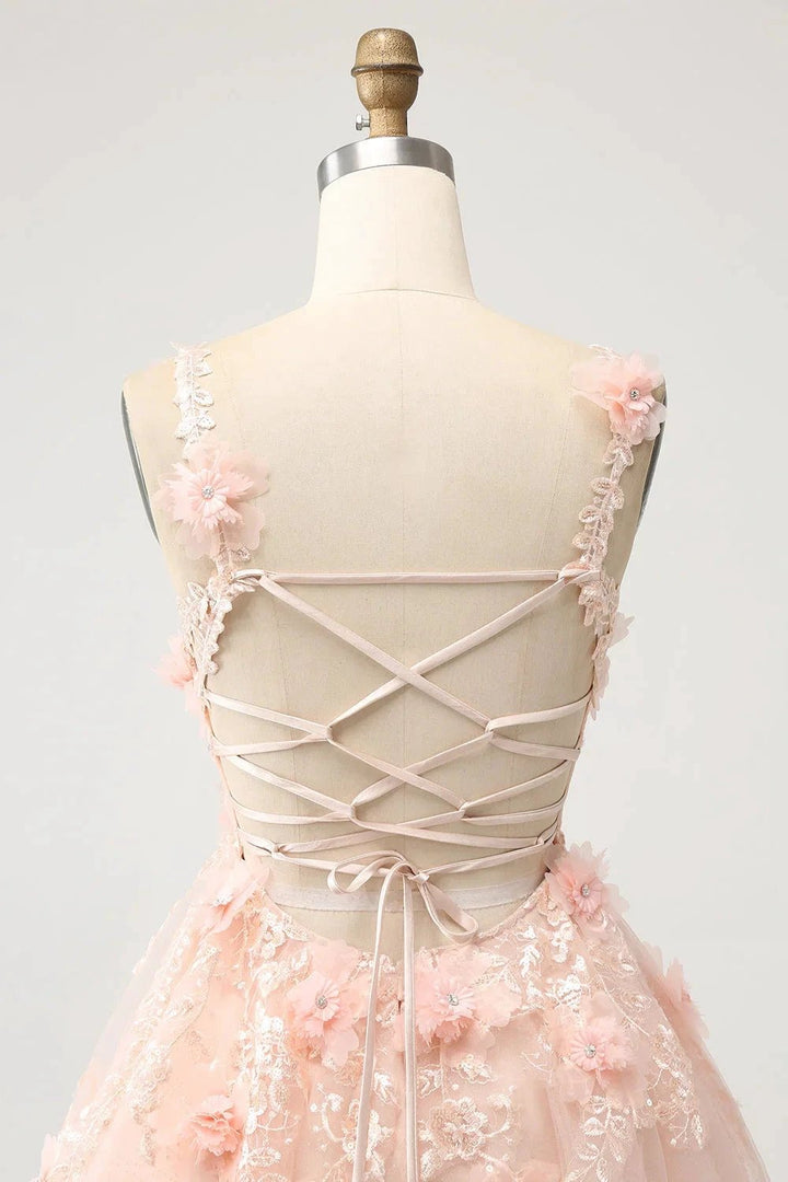 Cute Blush A Line V Neck Sequin Corset Short Homecoming Dress with Appliques by WEDTREND
