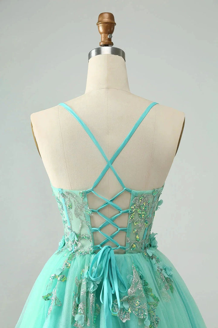 Cute Green A Line Spaghetti Straps Corset Short Homecoming Dress with Appliques by WEDTREND