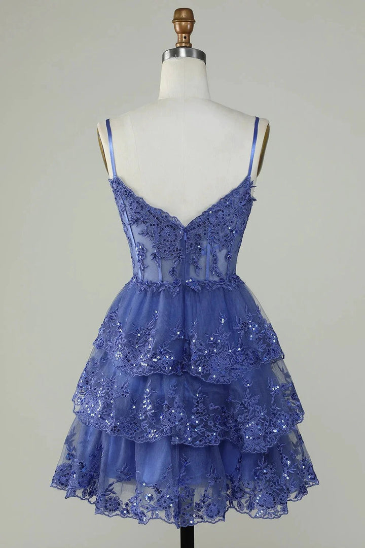 Cute Black A Line Sparkly Sequin Tiered Corset Short Homecoming Dress by WEDTREND