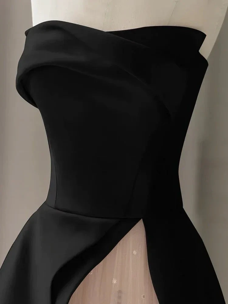 Black Strapless High-Slit Evening Dress With Gauze - Gothic Wedding Dress Y2386 by simplepromdress