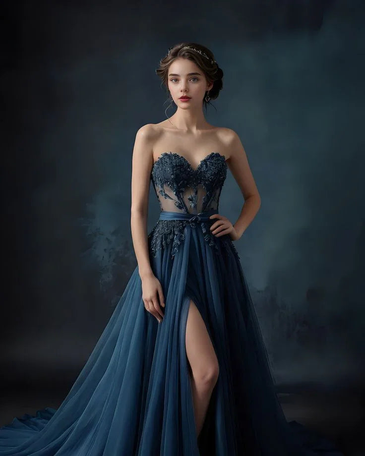 Elegant Strapless Navy Blue Tulle Appliques Prom Dress A Line Slit Evening Dress Y8319 by simplepromdress