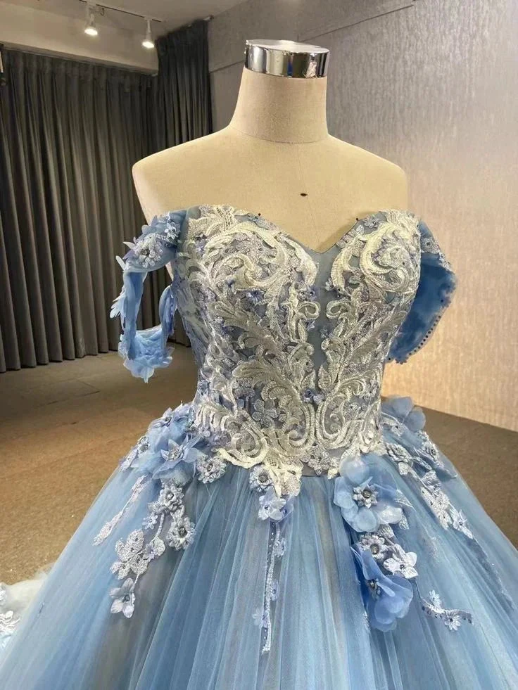 Ball Gown Blue Prom Dresses Lace Tulle Off Shoulder Evening Party Dress Y4561 by simplepromdress