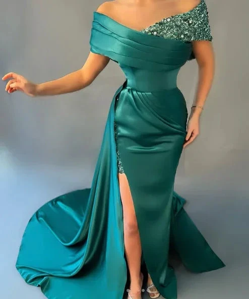 Elegant Green Off The Shoulder Satin Sequins Prom Dress Long Slit Mermaid Evening Dress Y8527 by simplepromdress