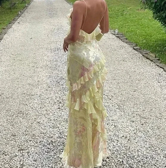 Romantic Spaghetti Straps V Neck Chiffon Print Prom Dress,Charming Evening Dress Y2306 by simplepromdress