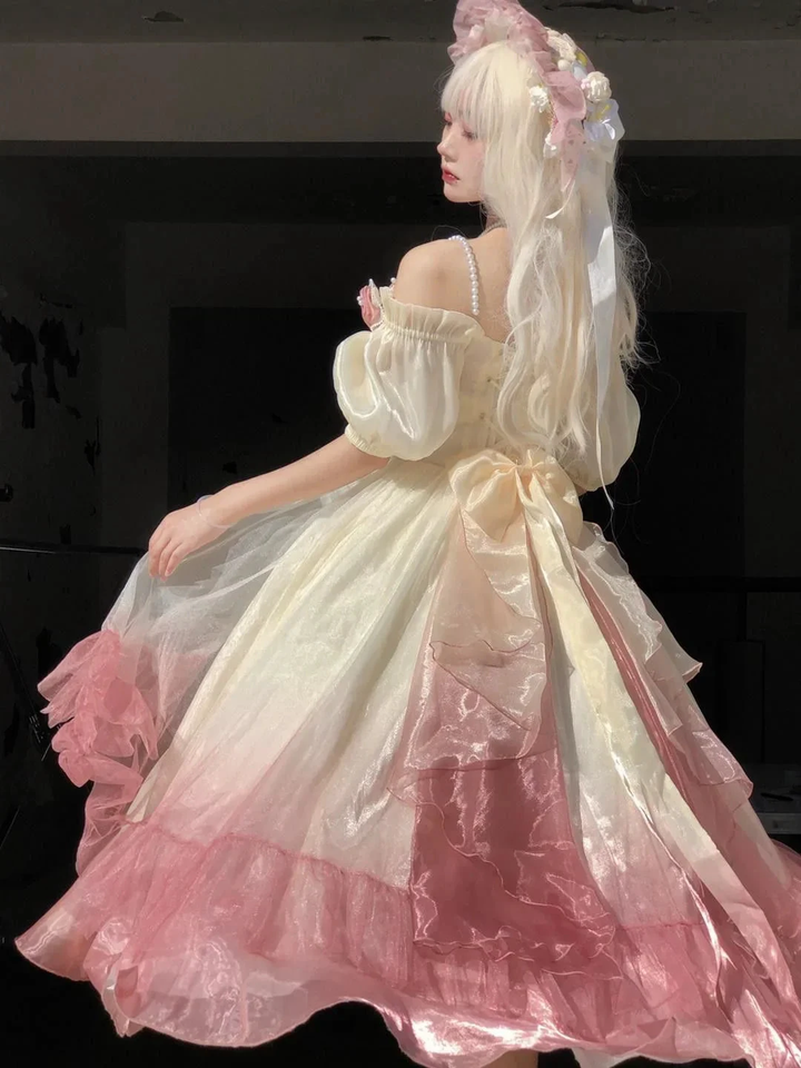 Roses Flowers Masquerade Prom Dress Champagne Pink Gradient Floral Wedding Dress Vintage Princess Dress with Pearls Y2401 by simplepromdress