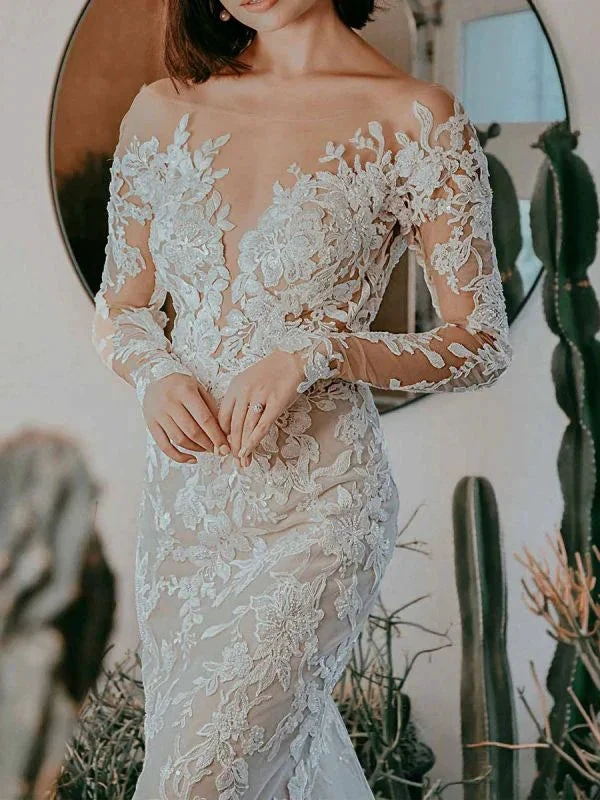 White Wedding Dress Illusion Neckline Long Sleeves Backless Natural Waist Lace With Train Long Bridal Mermaid Dress Y101 by simplepromdress