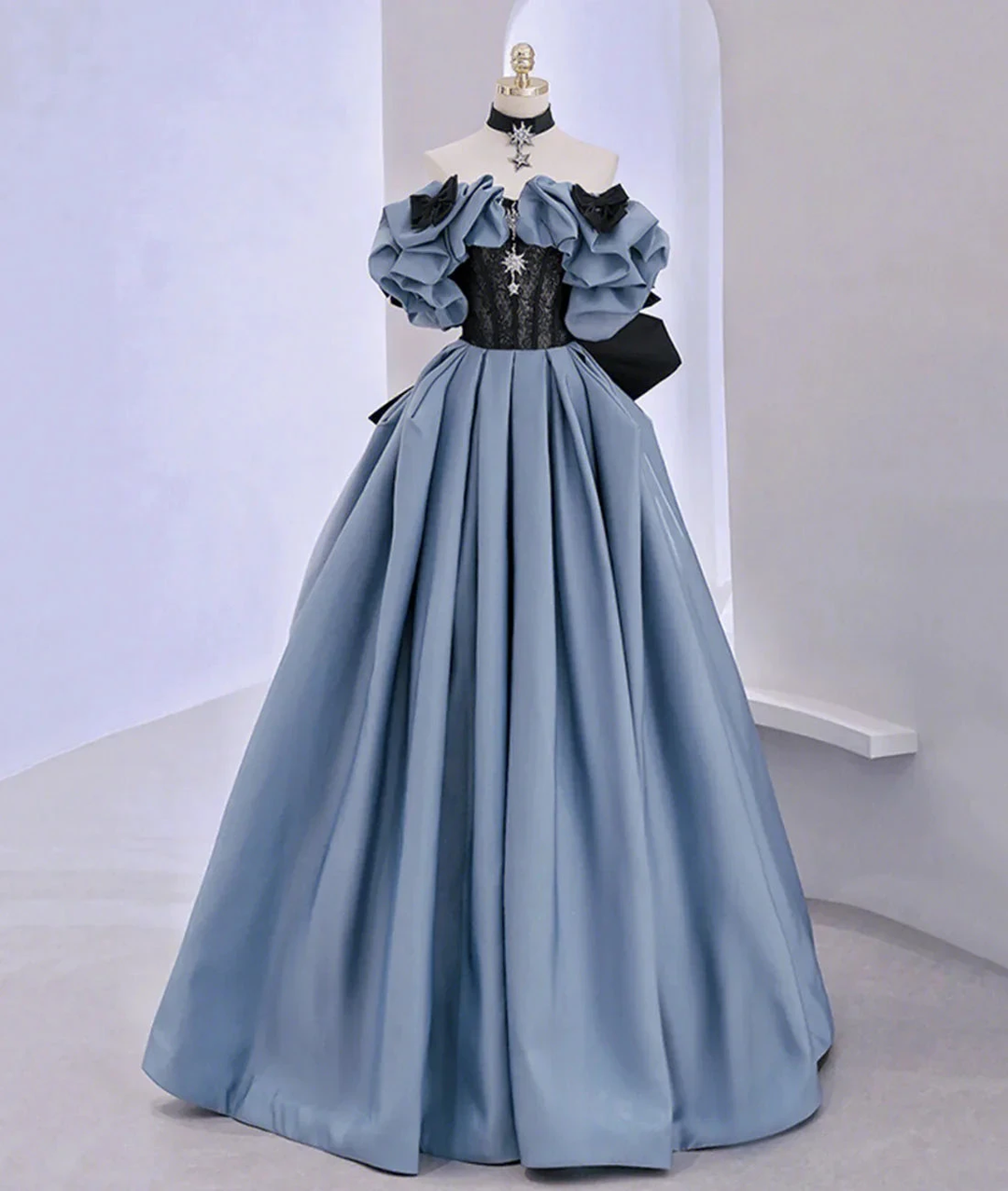 Off Shoulder Satin Lace Long Prom Dress, Blue Evening Dress Y2619 by simplepromdress