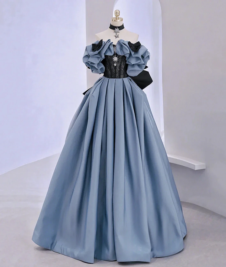 Off Shoulder Satin Lace Long Prom Dress, Blue Evening Dress Y2619 by simplepromdress