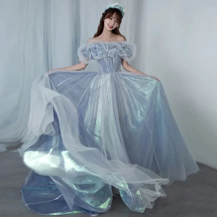 Romantic tulle long A line prom dress blue evening gown Y6572 by simplepromdress