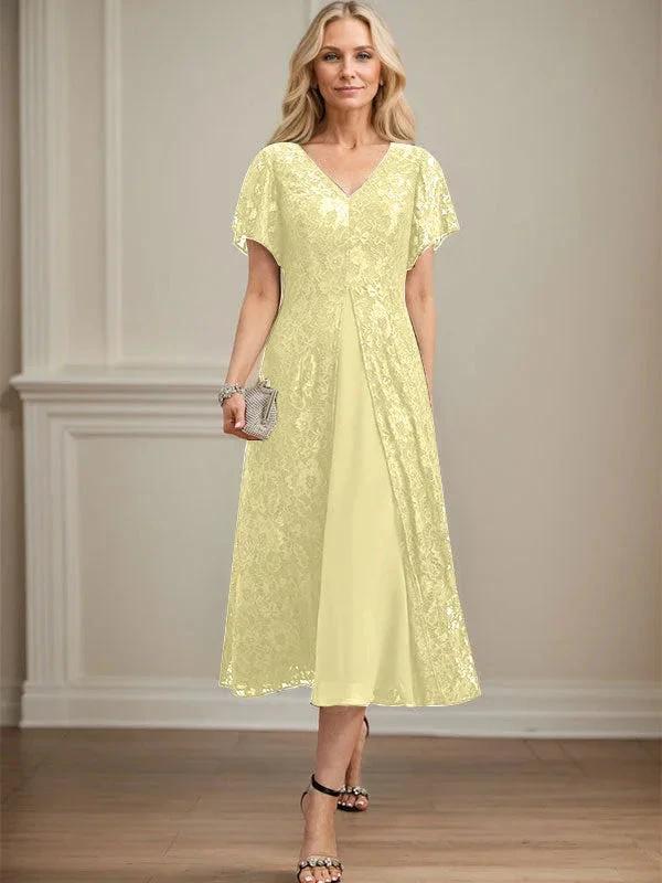 A-line V-Neck Tea-Length Lace Chiffon Mother of the Bride Dress by Dreamylily