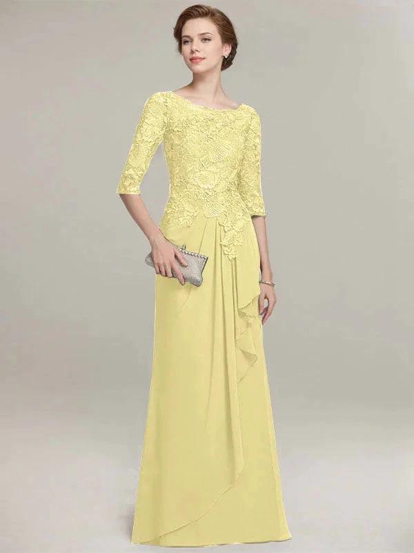 A-line Scoop Illusion Floor-Length Lace Chiffon Mother of the Bride Dress With Cascading Ruffles by Dreamylily