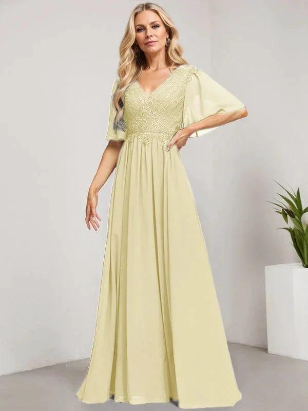 A-line V-Neck Floor-Length Lace Chiffon Mother of the Bride Dress With Sequins by Dreamylily