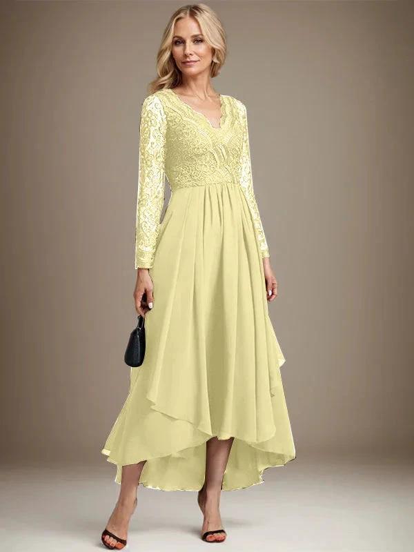 A-line V-Neck Asymmetrical Lace Chiffon Mother of the Bride Dress by Dreamylily