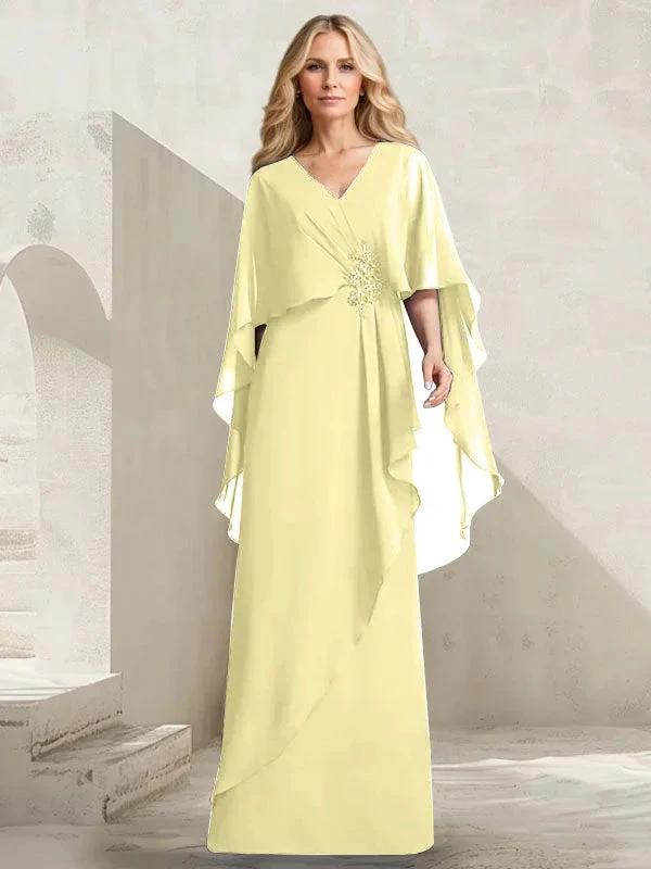 A-line V-Neck Floor-Length Chiffon Mother of the Bride Dress With Cascading Ruffles Beading by Dreamylily