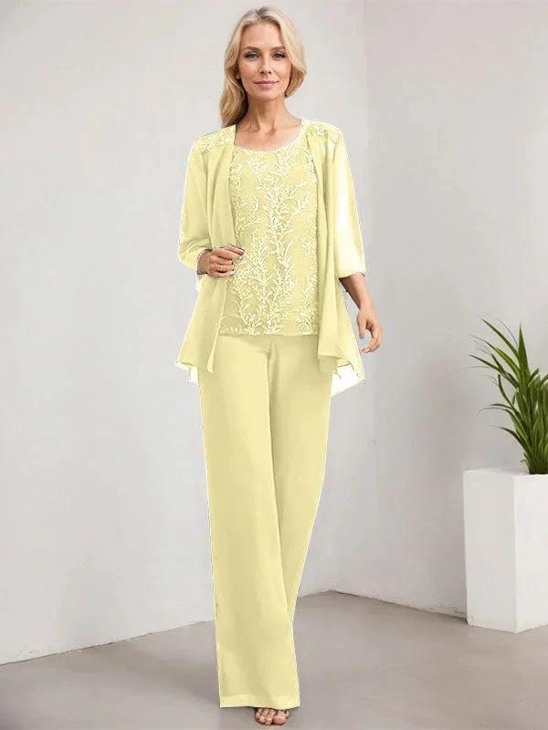 Separates Jumpsuit/Pantsuit Scoop Floor-Length Lace Chiffon Mother of the Bride Dress With Sequins by Dreamylily