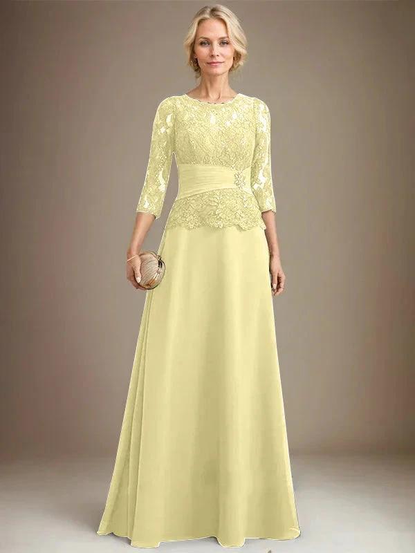 A-line Scoop Illusion Floor-Length Chiffon Lace Mother of the Bride Dress With Pleated Sequins Beading by Dreamylily