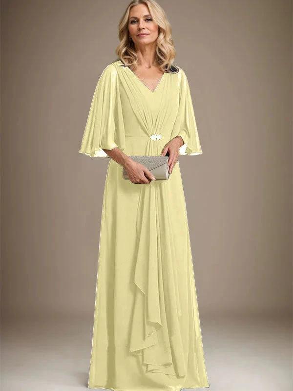 A-line V-Neck Floor-Length Chiffon Mother of the Bride Dress With Cascading Ruffles Crystal Brooch by Dreamylily