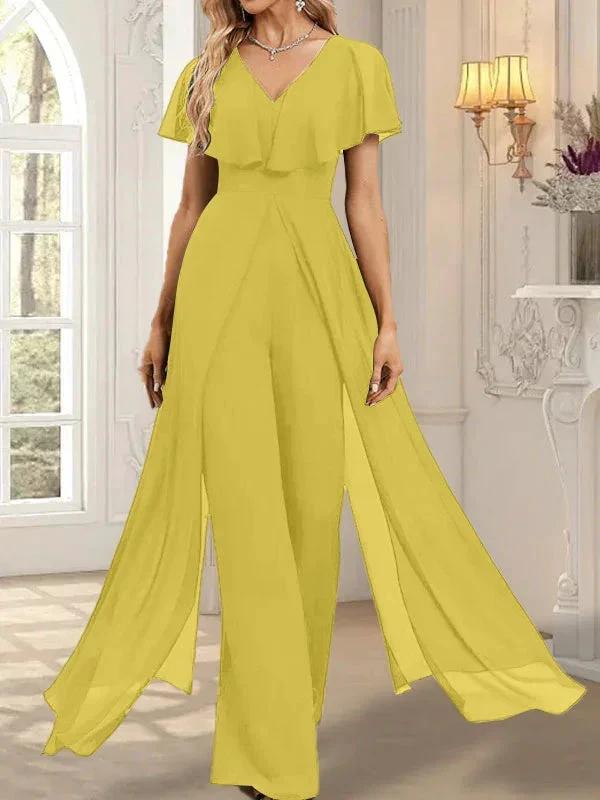 Jumpsuit/Pantsuit V-Neck Floor-Length Chiffon Evening Dress by Dreamylily