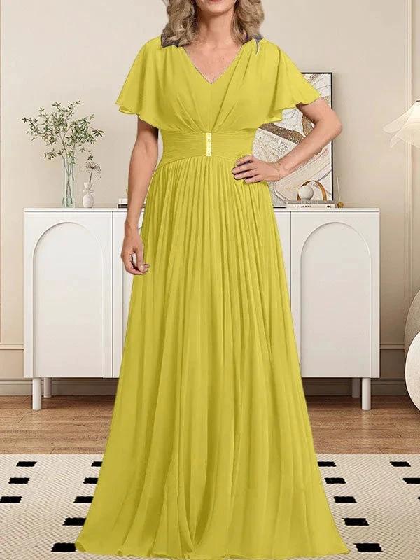 A-line V-Neck Floor-Length Chiffon Mother of the Bride Dress With Crystal Brooch Pleated by Dreamylily